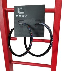 Black Hoop Earrings With Multi-Color Crystal Accents - #142‎